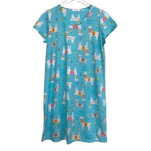 Blue Lama Print Cotton Blend Short Sleeve Nightgown Women's Size S NWOT